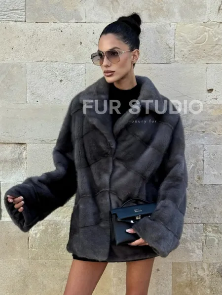 Короткая норковая шуба с английским воротником - цвет графит - фото 8