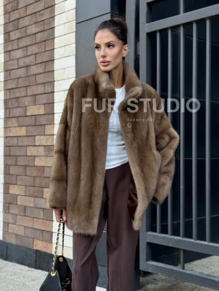 Шуба норковая пастель - стойка воротник - фото 5