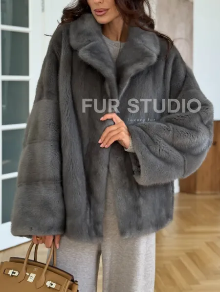 Норковая шуба цвет - серый графит - фото 4