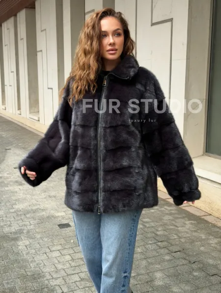 Норковая куртка на молнии - графит - фото 4