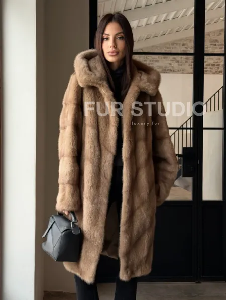 Норковая шуба с капюшоном - цвет пастель - фото 0
