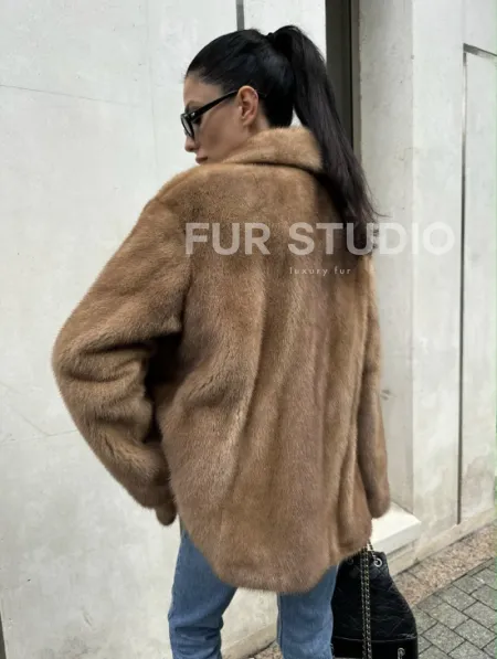 Женский норковый жакет в песочном цвете - фото 6