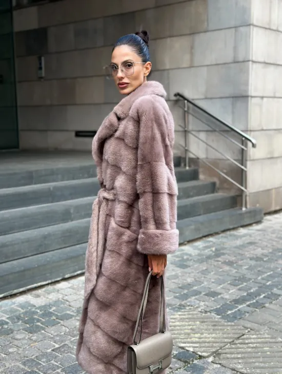 Шуба из меха норки с английским воротником - цвет пыльная роза - фото 2