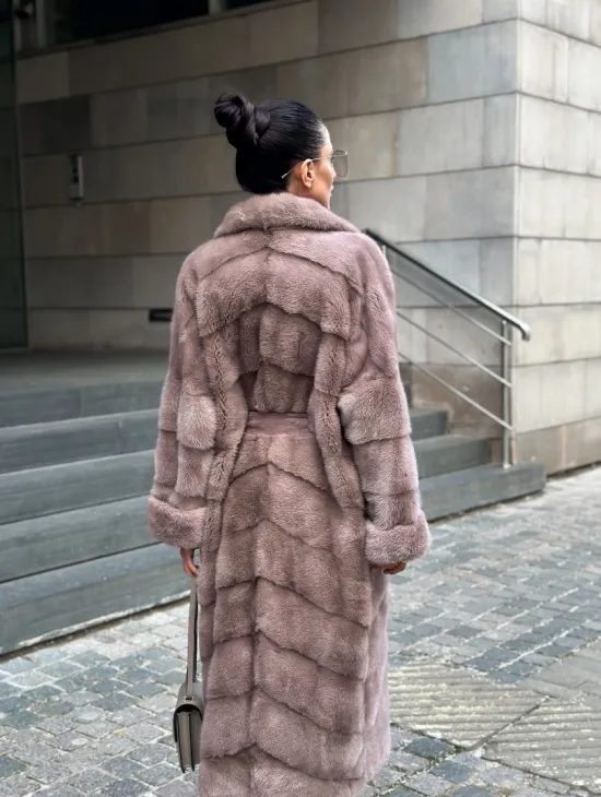 Шуба из меха норки с английским воротником - цвет пыльная роза - фото 5