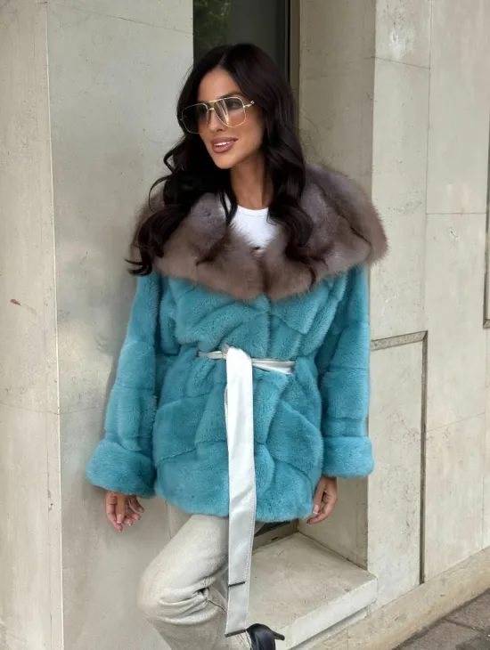 Шуба Autolady из норки с капюшоном из меха куницы - цвет тиффани - фото 0