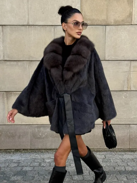 Летучая мышь из меха норки с воротником из куницы - цвет темный графит - фото 8