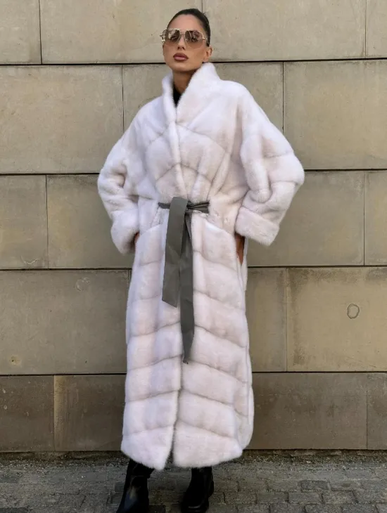 Норковая шуба с поясом, стойка воротник - цвет колотый лед - фото 7