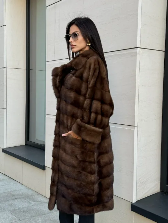 Шуба натуральная из меха норки английский воротник - цвет соболь - фото 5