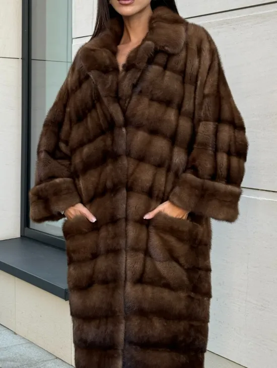 Шуба натуральная из меха норки английский воротник - цвет соболь - фото 4