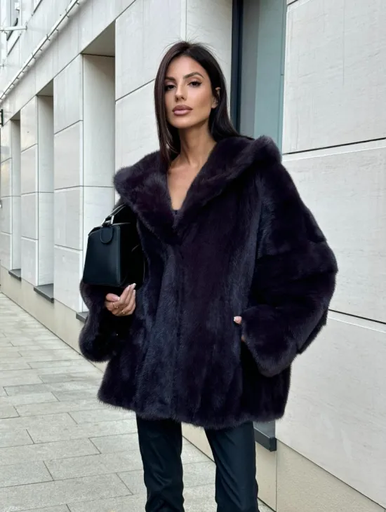 Меховое полупальто из аукционной норки с капюшоном Dark violet - фото 0