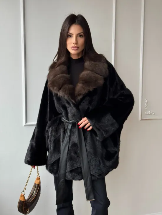 Полушубок из норки Black с воротником из меха темной куницы - фото 7