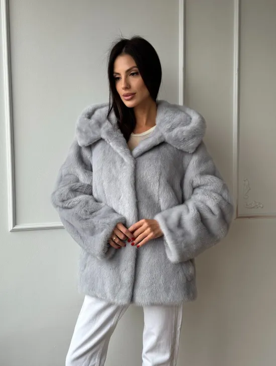 Женский норковый полушубок автоледи с капюшоном из голубой норки - фото 9