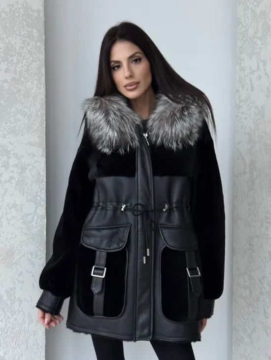 Дубленка женская из овчины на кулиске, капюшон - отделка из чернобурки - фото 7