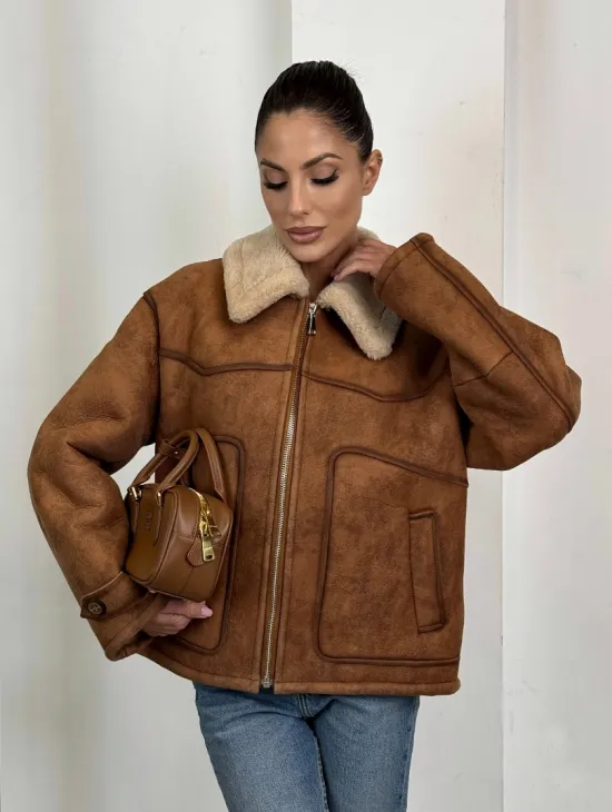 Зимняя короткая кожаная куртка из мериноса в стиле “Vintage” - фото 9