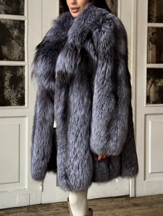 Натуральная шуба из меха чернобурки, воротник шаль - фото 3