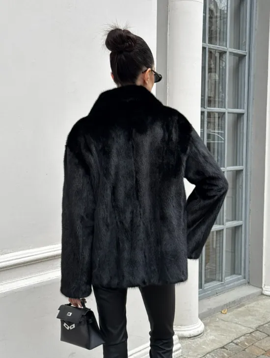Черная норковая шуба - жакет с английским воротником - фото 7