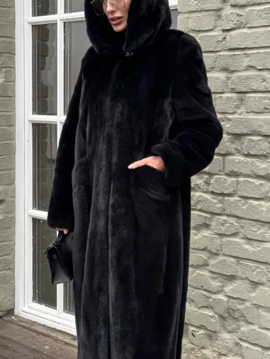 Норковая шуба PREMIUM из аукционной плюшевой норки с капюшоном - фото 1