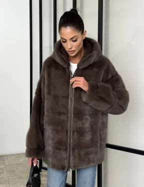 Норковый полушубок с капюшоном на молнии - фото 8
