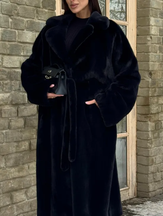Шикарное норковое кимоно с английским воротником в черно-синем цвете - фото 2