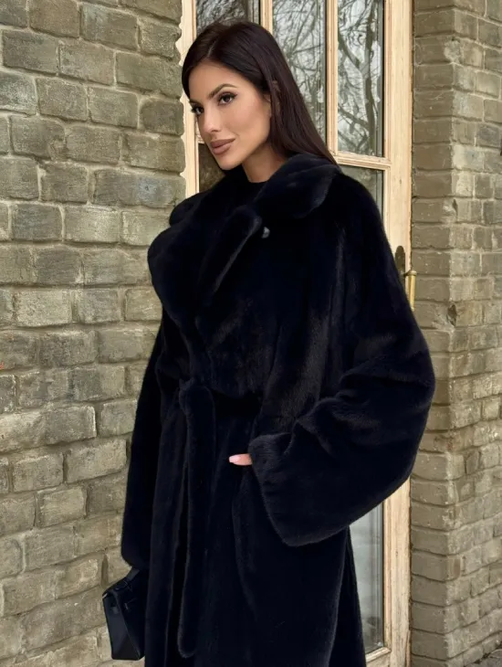 Шикарное норковое кимоно с английским воротником в черно-синем цвете - фото 3