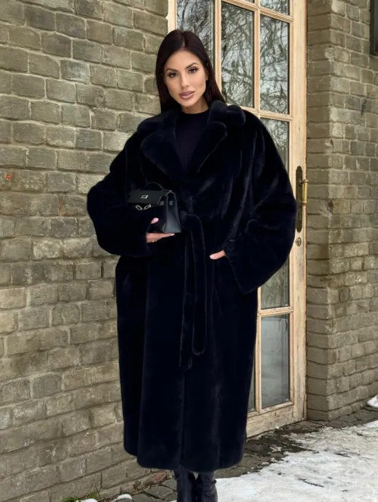 Шикарное норковое кимоно с английским воротником в черно-синем цвете - фото 11