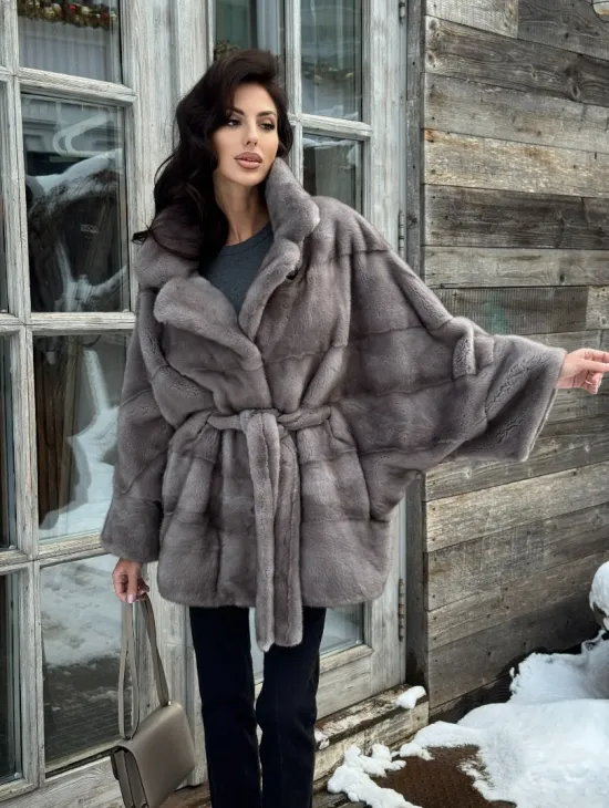 Норковая шуба в цвете графит с английским воротником - Летучая мышь - фото 11