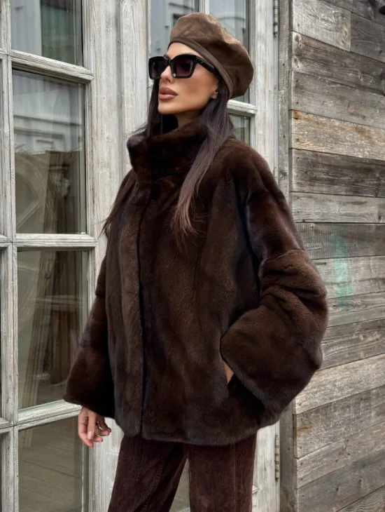 Норковый полушубок из меха аукционной норки, стойка воротник - фото 0