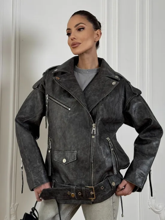 Женская кожаная куртка авиатор со шнуровкой на спине Dark grey - фото 0
