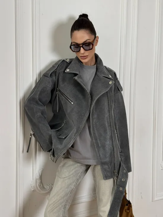 Винтажная кожаная косуха оверсайз - серый графит - фото 14