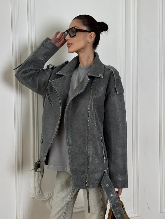 Винтажная кожаная косуха оверсайз - серый графит - фото 11