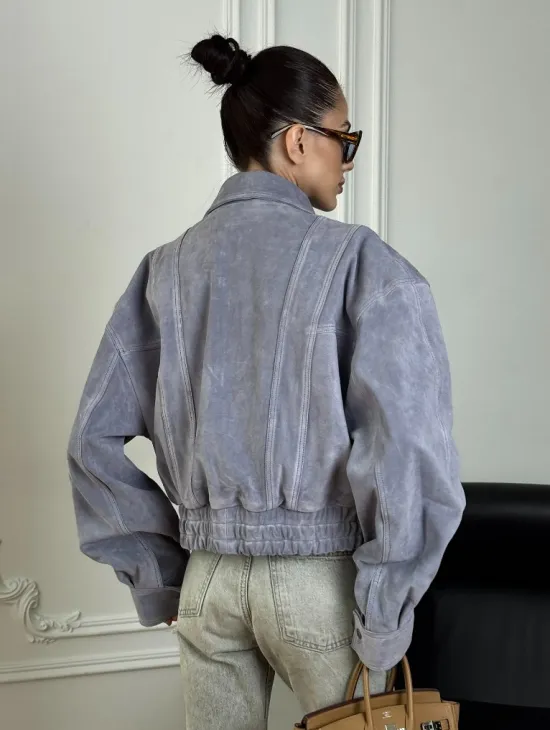 Бомбер - куртка весенняя оверсайз из натуральной кожи (замши) Grey blue - фото 3