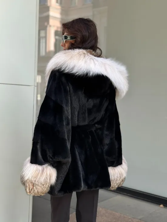 Черная норковая шуба PREMIUM COLLECTION с отделкой из меха канадской рыси - фото 10