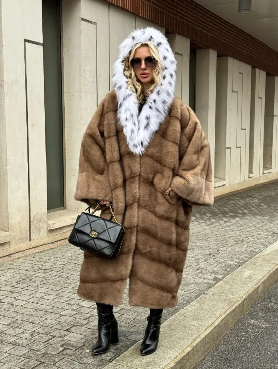 Норковая шуба больших размеров в стиле Бохо с капюшоном под рысь - фото 8