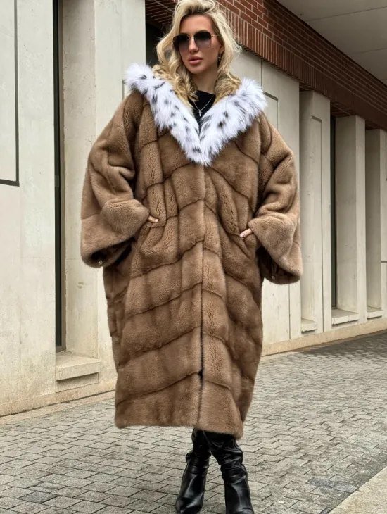 Норковая шуба больших размеров в стиле Бохо с капюшоном под рысь - фото 5