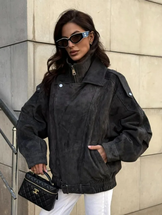 Бомбер оверсайз из замши Grey с двойным воротником и карманами - фото 0