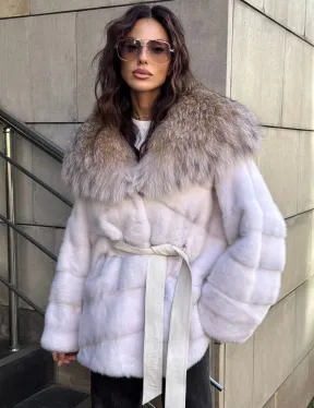Норковая шуба с мехом рыси - белая - фото 6
