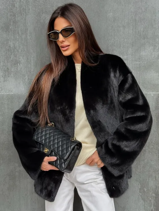 Черный норковый полушубок V-образный воротник - фото 0