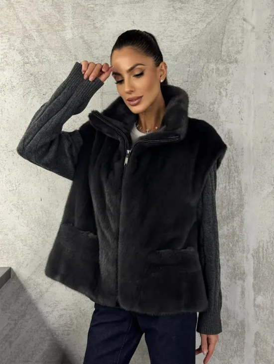 Норковая жилетка - графит - фото 9