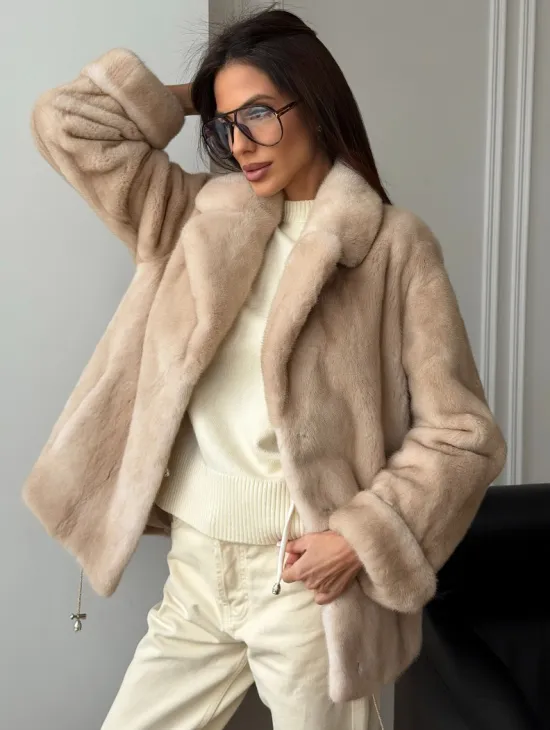 Норковый полушубок в натуральном цвете пастель - фото 10