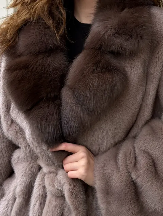 Норковая шуба летучка - воротник куница - фото 1