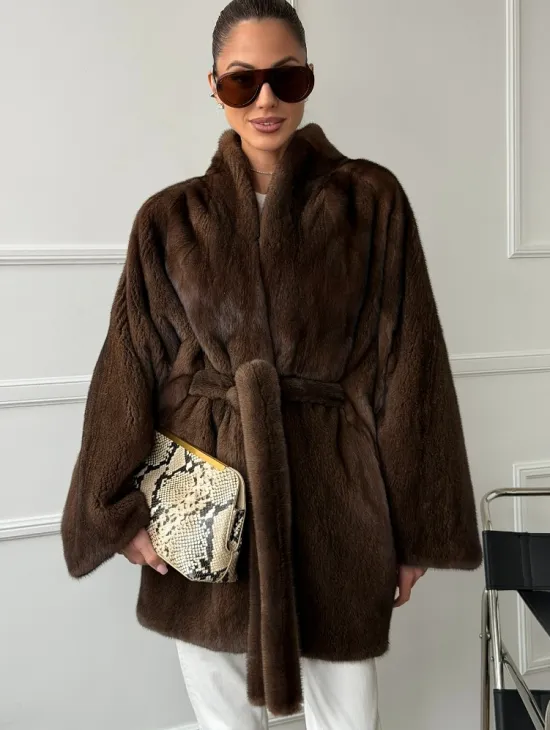 Норковый полушубок с меховым поясом - Летучая мышь - фото 4