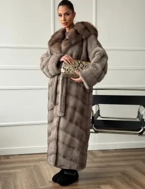 Шуба-кимоно норка в пол с капюшоном куница - фото 3