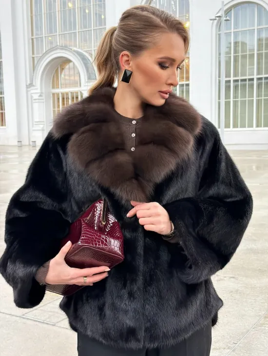 Черный норковый жакет с воротником куницы - фото 5