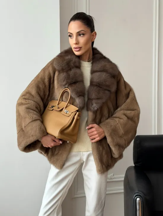 Норковый полушубок с воротником куницы 70 см - фото 8