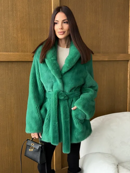 Шуба из плюшевой норки VELVEТ - изумруд - фото 7