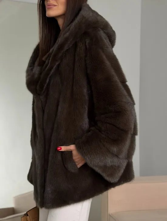 Зимняя норковая шуба с капюшоном - фото 5