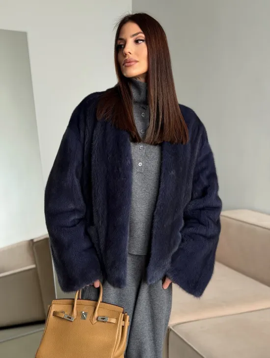 Короткий норковый жакет - синий графит - фото 9