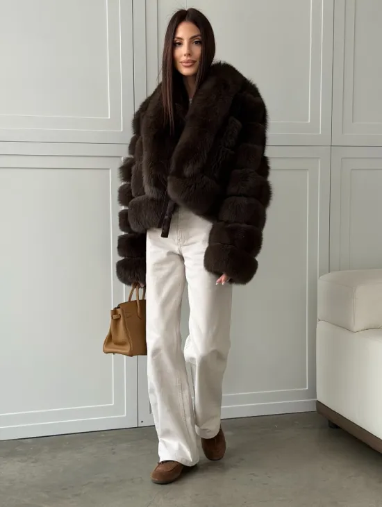 Полушубок-кроп из песца с шалевым воротником - фото 7