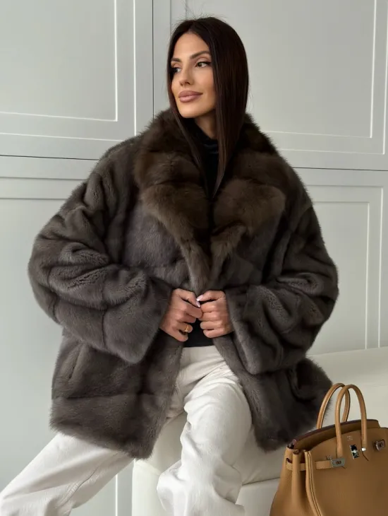 Шуба норковая автоледи - воротник куница (серый) - фото 2