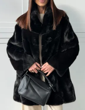 Черная норковая шуба - стойка воротник - фото 2